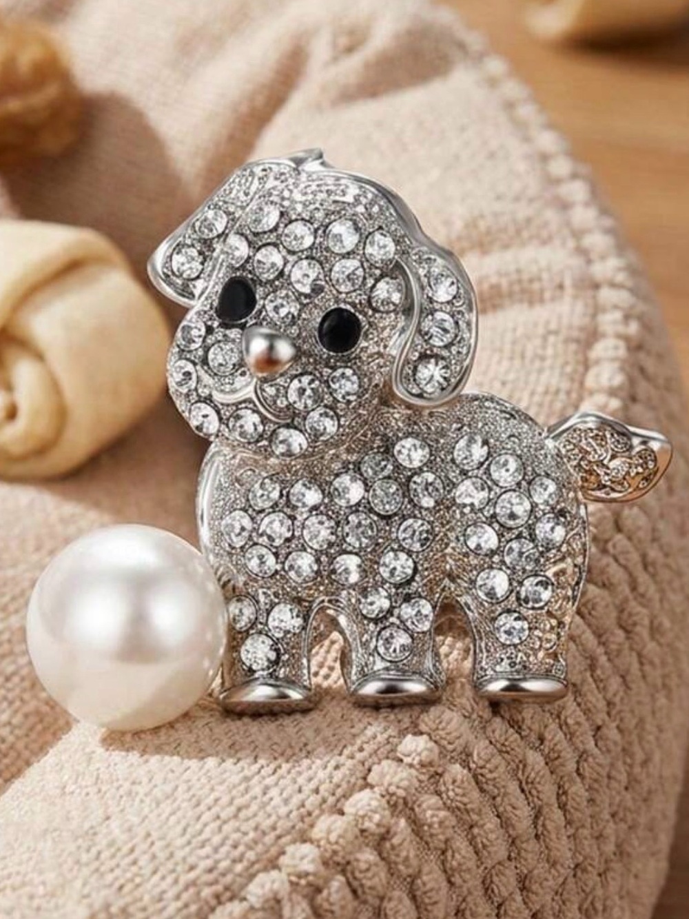 Puppy Brooch Pearl Ball Pin Poodle jewelry rhinestones bag charm gold silver dog